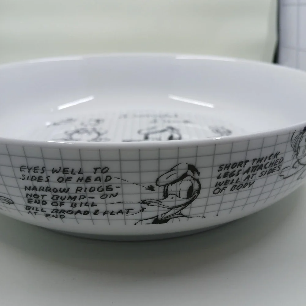 Disney Donald Duck Pasta‎ Bowl White Ceramic Sketch Grid Design Animator Notes